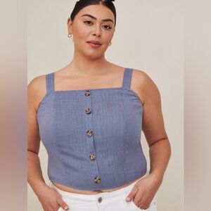 Torrid Linen Blend Button-Front Blue Crop Tank Top Smocked Back Womens Large